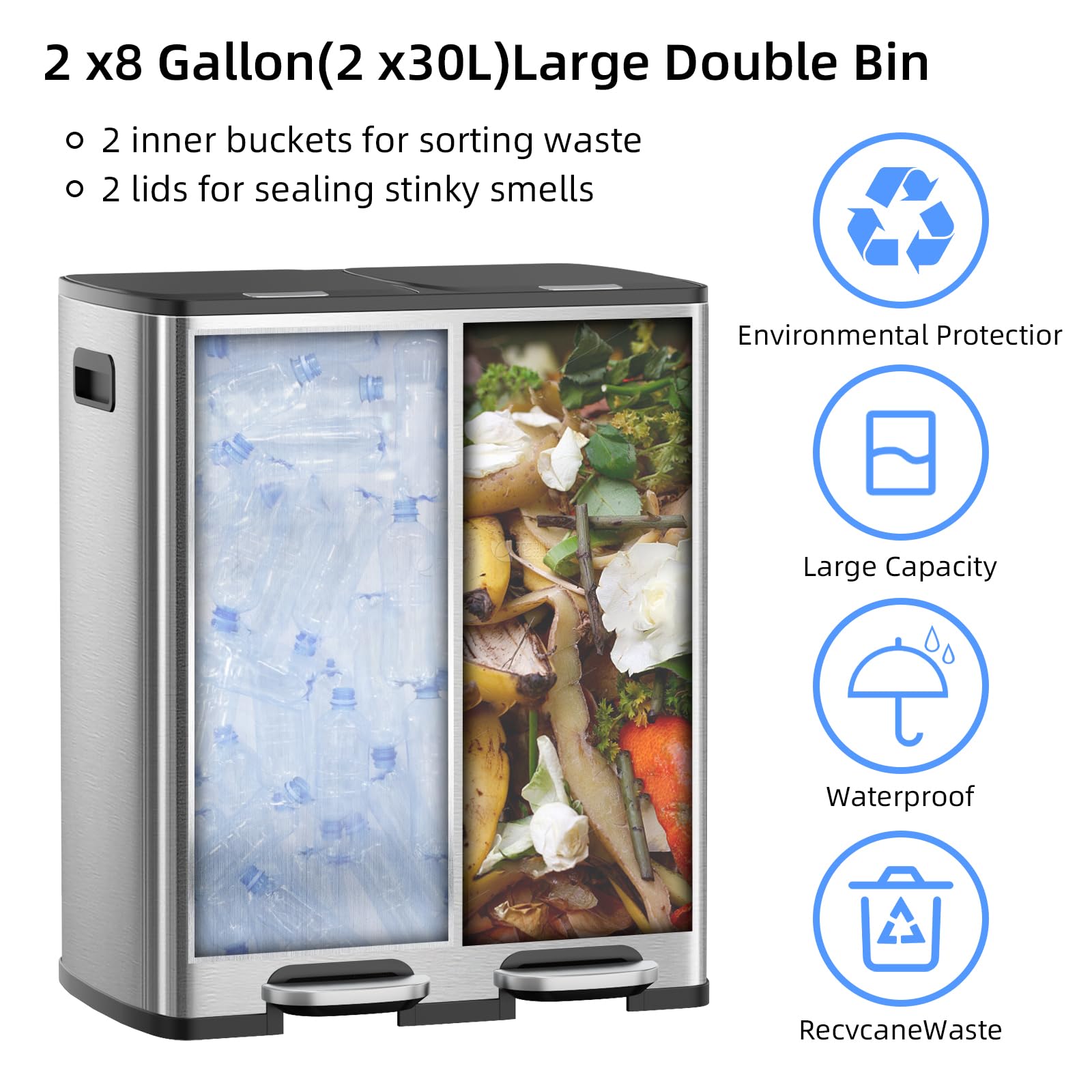 Amazon.com: KUK 60 Liter / 16 Gallon Dual Trash Can with Lid